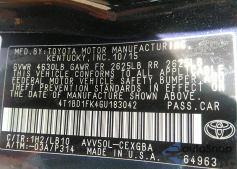 2016 Toyota Camry Hybrid Xle z USA, uszkodzony, nr VIN 4T1BD1FK4GU183042